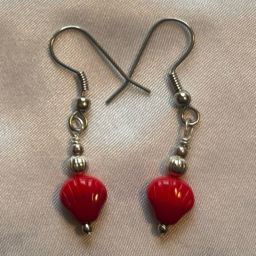 Shell dangle earrings- two toned red shell bead, offset by silver accents. - Picture 3 of 4